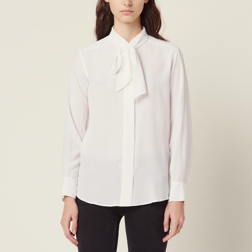 Sandro Cream Tie-Neck Silk Shirt NWOT
